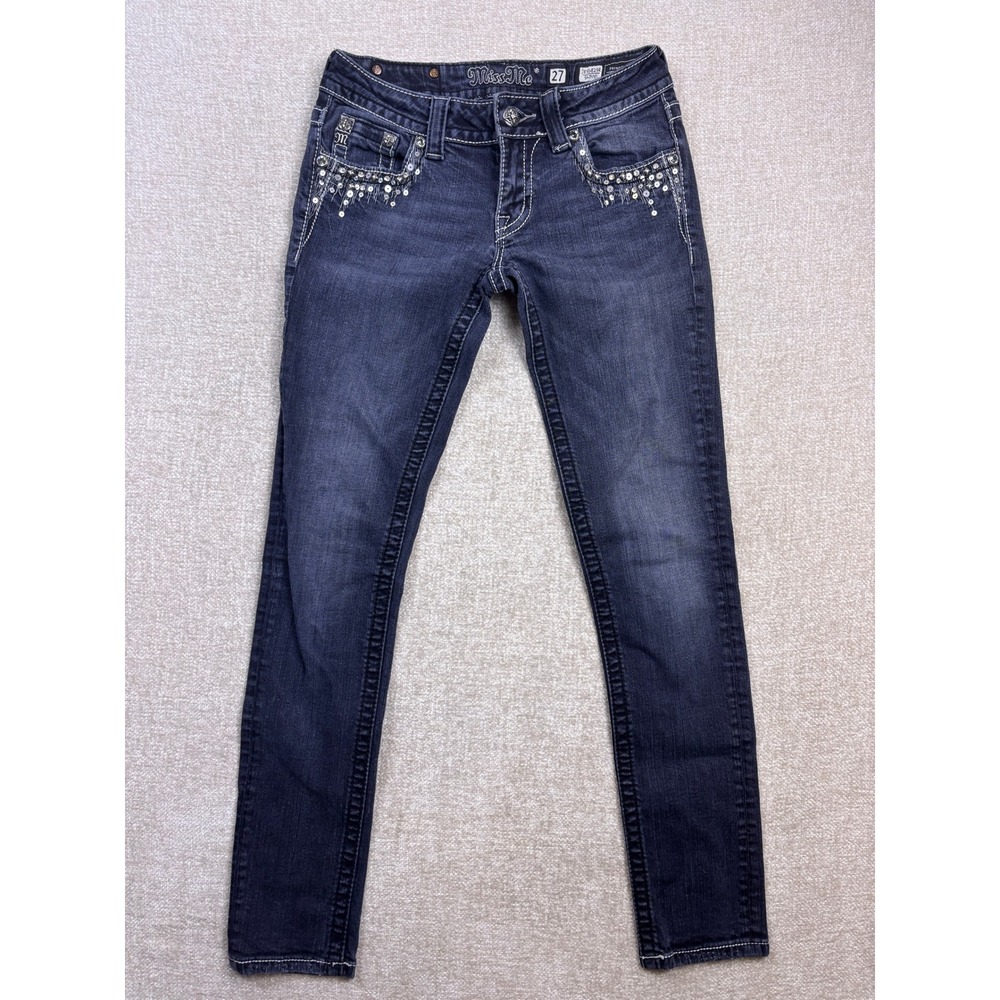 Miss Me Skinny Jeans 27 Dark Wash Embellished Buckle JE5682SR Sequin Studs